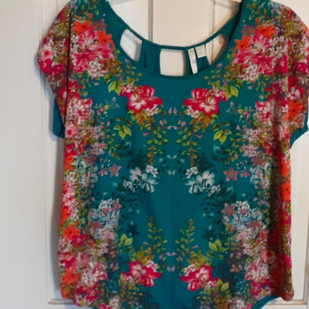 LC Lauren Conrad Teal and Pink Floral Ladies sleeveless top, size L,